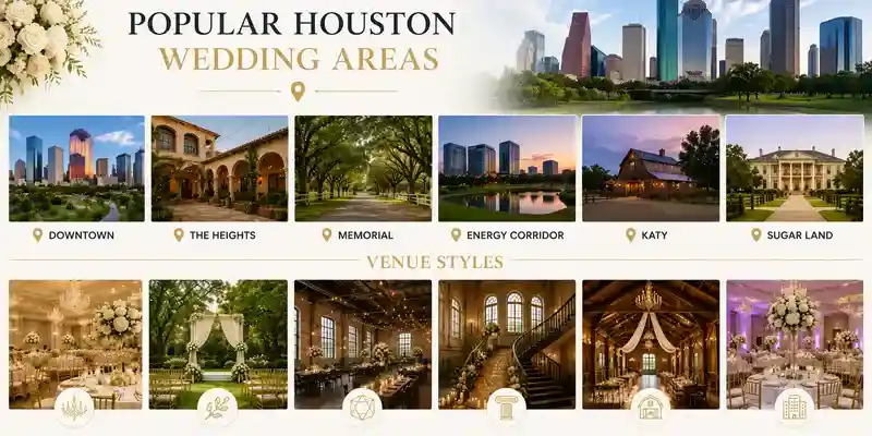 Popular Houston wedding venue styles and wedding locations featuring elegant ballroom receptions, outdoor ceremonies, luxury hotels, and modern wedding celebration settings in Houston
